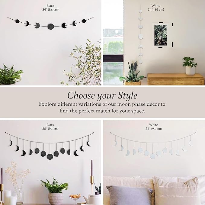 BASE ROOTS Moon Phase, Black Wall Decor for Bedroom & Living Room, Bohemian Wall Decor, Handmade Hammered Metal 34" 7 Phases Moon, Celestial Wall Art, Gift for Women & Kids