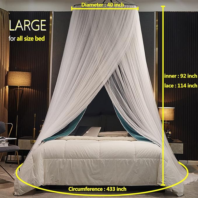 Kertnic Luxurious Bed Canopy for Girls & Adults - Double Layer Princess Canopy with Lace, Round Dome Mosquito Netting for Queen/King Bed Tent (Peacock Blue)
