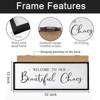 Welcome To Our Beautiful Chaos Sign Wall Decor Framed Wood 32X12 Inch For Rustic Home Living Room Entryway Bedroom Hanging Art (Wood)