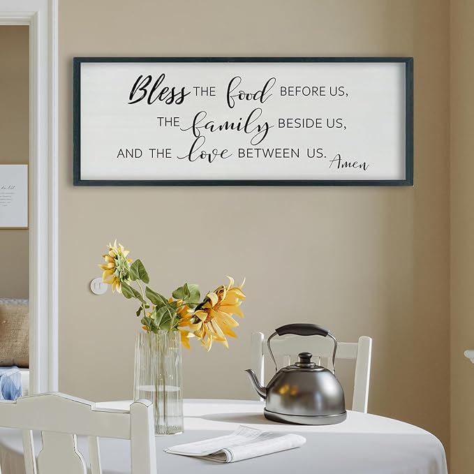 SRSZHIYUE Bless the Food Before Us Wall Sign Decor 40"×15" Christian Bible Verse for Farmhouse Rustic Kitchen Dining Room Framed Wood Scripture Religious Jesus Prayer Wall Art (Black)