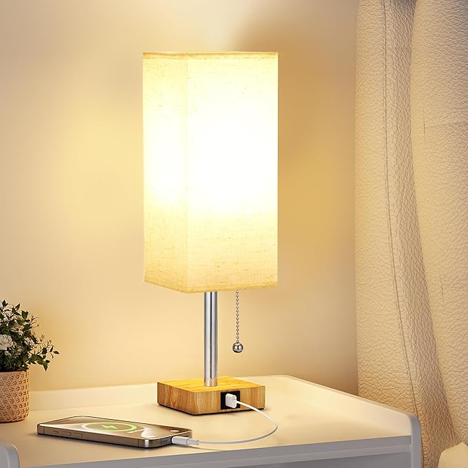 aooshine Beige Small Table Lamp for Bedroom - 3 Color Temperature 3000K 5000K 4000K Bedside Lamp, Pull Chain Control, USB A and C Ports, Wood-Grain Base, Bulb Included