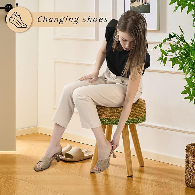 Handwoven Outdoor Ottoman, Water Hyacinth Pouf Round Patio Footstool with Wood Legs, 17-Inch Multipurpose Vanity Stool, Dining Chair, Patio Footrest for Balcony and Garden, Green