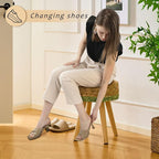 Handwoven Outdoor Ottoman, Water Hyacinth Pouf Round Patio Footstool with Wood Legs, 17-Inch Multipurpose Vanity Stool, Dining Chair, Patio Footrest for Balcony and Garden, Green