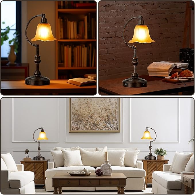 RORIA Touch Farmhouse Table Lamp for Living Room, 3-Way Dimmable Rustic Nightstand Lamp with USB A+C Ports, Vintage Retro Lamp for Bedroom End Table with Amber Glass Shade, LED Bulb Included (Bronze)