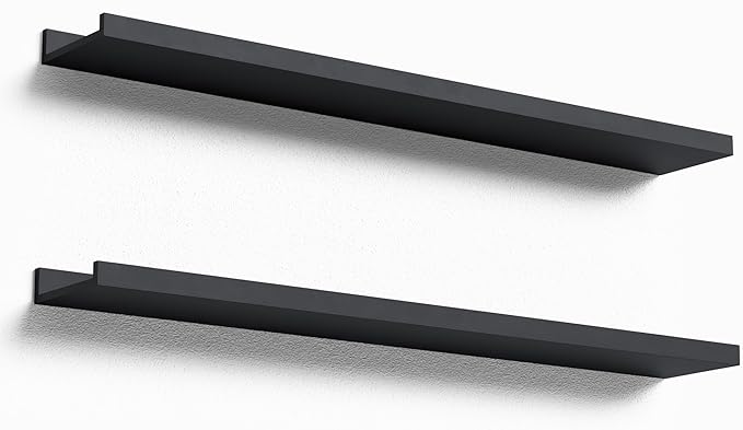 35.4 Inches Long Floating Shelves Wall Mounted, 2 Set Modern Black Wall Shelf for Bedroom, Nursery Book Shelf with Lip, Picture Ledge Shelf for Decor Living Room Bathroom Kitchen- Black