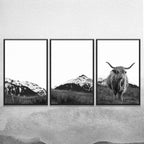 SIGNWIN 3 Piece Framed Canvas Wall Art Highland Cattle in Front of Snowy Mountain Duotone Black and White Canvas Prints Home Artwork Decoration for Living Room,Bedroom - 16"x24"x3 Panels