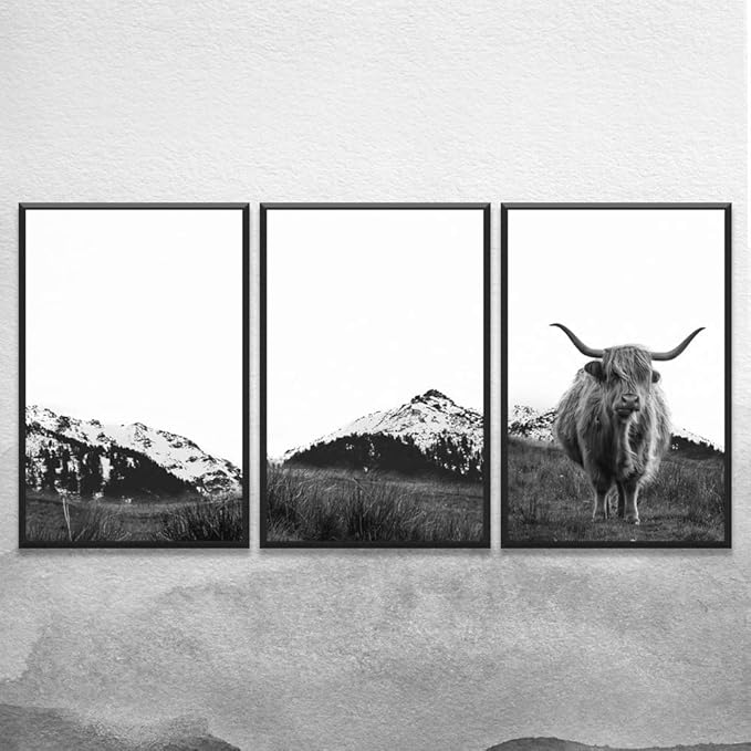 SIGNWIN 3 Piece Framed Canvas Wall Art Highland Cattle in Front of Snowy Mountain Duotone Black and White Canvas Prints Home Artwork Decoration for Living Room,Bedroom - 16"x24"x3 Panels