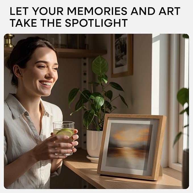 Homeforia 10x10 Picture Frame Wood, High-End Natural Oak 10 x 10 Thin Square Poster Frames with Mat 8 by 8 inch Photo, 10by10 Light Wooden Frame Matted to 8x8 Print, Tempered Glass, Wall Kit, Set of 1