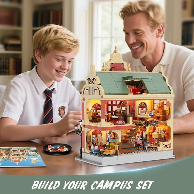 University Club House Building Set with Light,1629PCS City Campus Architecture Model with Painting Drama Baking Music Club, Home Decor Construction Building Block Gift for Adults Boys Girls 12+