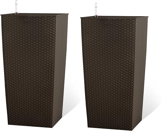 2Pcs 23in High Large Plant Pots Planter-Self-Watering,Modern Planter with Drain Holes,Water Level Monitor,Inner Bucket for Indoor/Outdoor Front Porch Patio,Brown Rattan