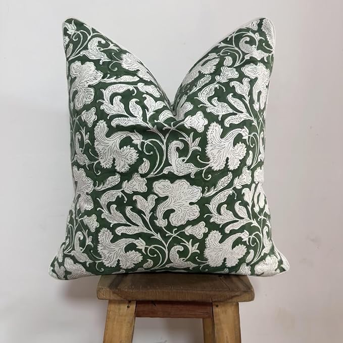 Ridhi Pantone Artichoke Green Block Print Canvas Cotton Throw Pillow Covers for Decorative Couch Pillows for Living Room, Chic Boho Cute Outdoor Thanksgiving Pillows Covers Gifts 18x18 Inches
