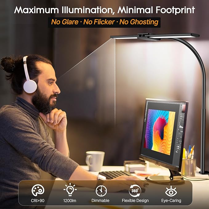 Syrinx LED Desk Lamp for Home Office – Eye-Caring Dual Head Desk Light with Flexible Gooseneck, Clamp, Gesture/Wired Control, 50 Lighting Modes with Memory/Timer for Study, Crafting