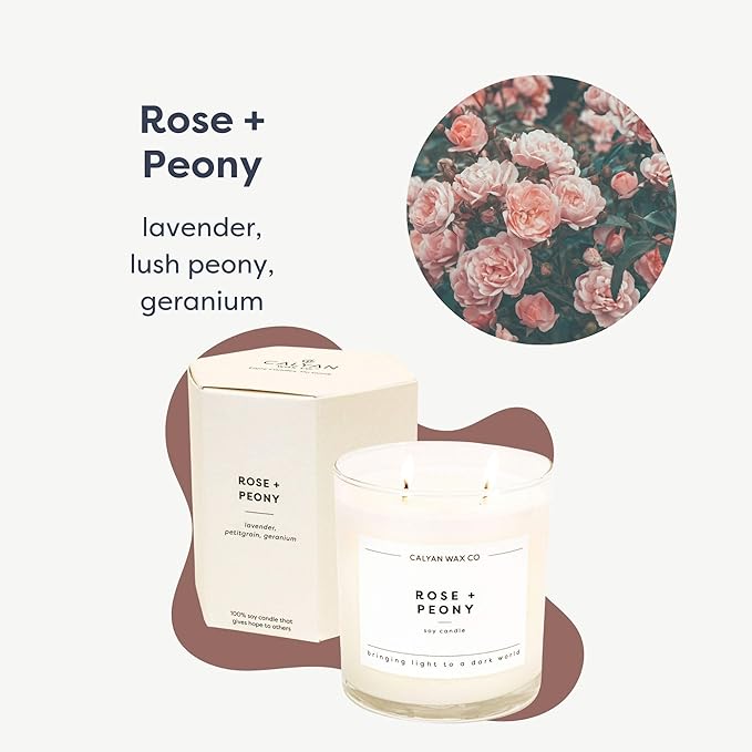 Calyan Wax Co. 2 Wick Candle, Rose + Peony Scented Candle, 37 Hour Burn Time, Aromatherapy Soy Candles, Non Toxic & Vegan Soy Wax, Glass Tumbler Scented Candles, 12.5oz