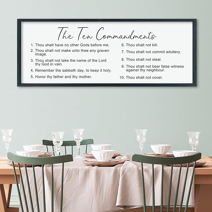 LuZhiQiang The Ten Bible Verse Wall Decor 40"×15" God Jesus Prayer for Christian Saying Catholic Scripture Sign Large Wood Framed Wall Hanging Art (Black)