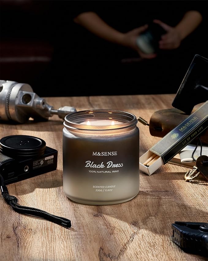 M&SENSE Vanilla Leather Scented Candles for Men, 11.6oz 2 Wick 70 Hours Long Lasting Soy Wax for Home Scented, Highly Scent Black Luxury Candles Home Fragrance Holiday Gifts for Him