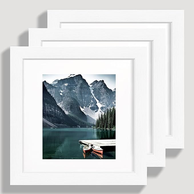 6x6 White Picture Frames set of 3, Made of Wooden and Real Glass Square Photo frame - Displays 4x4 Picture With Mat or 6 x 6 Without Mat, Desktop & Wall Collage Frame set