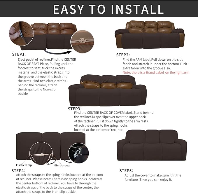 Easy-Going 8 Pieces Recliner Sofa Stretch Sofa Slipcover Sofa Cover Furniture Protector Couch Soft with Elastic Bottom Kids, Spandex Jacquard Fabric Small Checks Chocolate