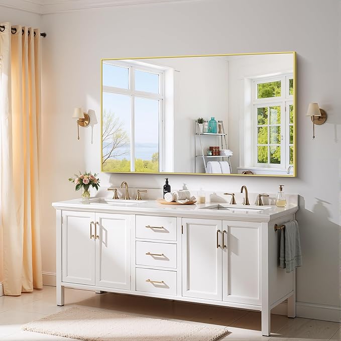 YIROMAN Bathroom Mirror 60"x36", Large Brushed Gold Bathroom Mirror for Over Sink with Aluminum Frame, Rectangular Vanity Mirror with Right Angle, Wall Mirror Hangs Horizontal or Vertical