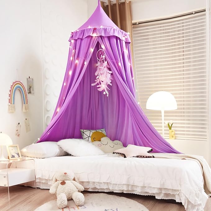 Kertnic Decor Canopy for Kids Bed, Soft Smooth Playing Tent Canopy Girls Room Decoration Princess Castle, Dreamy Mosquito Net Bedding, Children Reading Nook Canopies in Home (Purple)