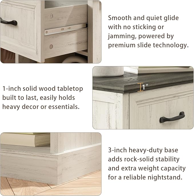 CARPETNAL 20" Farmhouse Nightstand Set of 2, End Table with Large Drawers & Open Storage, Side Table, Bedside Table for Bedroom, Living Room, White