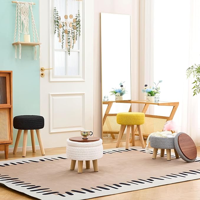 Wimarsbon Pouf Ottoman, 100% Cotton Knitted Boho Footstool, Round Footrest with Non-Skid Wood Legs, Home Décor Handmade Pouffe, Leisure Floor Step Stool for Living Room (Storage Grey)