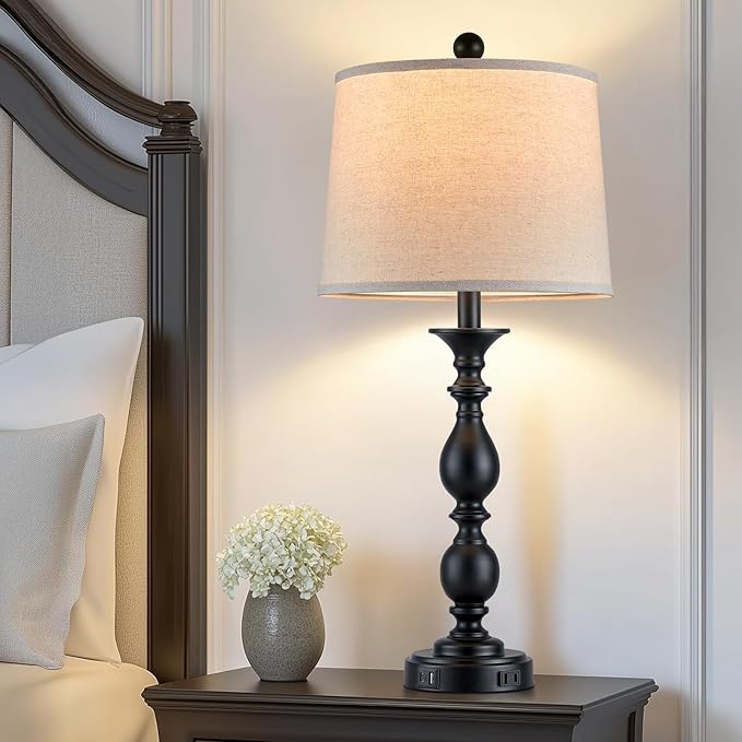 28" Tall Modern Table Lamps Set of 2 with USB C+A Ports and AC Outlet, 3 Way Touch Metal Bedside Lamps for Living Room, Black Farmhouse Nightstand Lamps for Bedroom