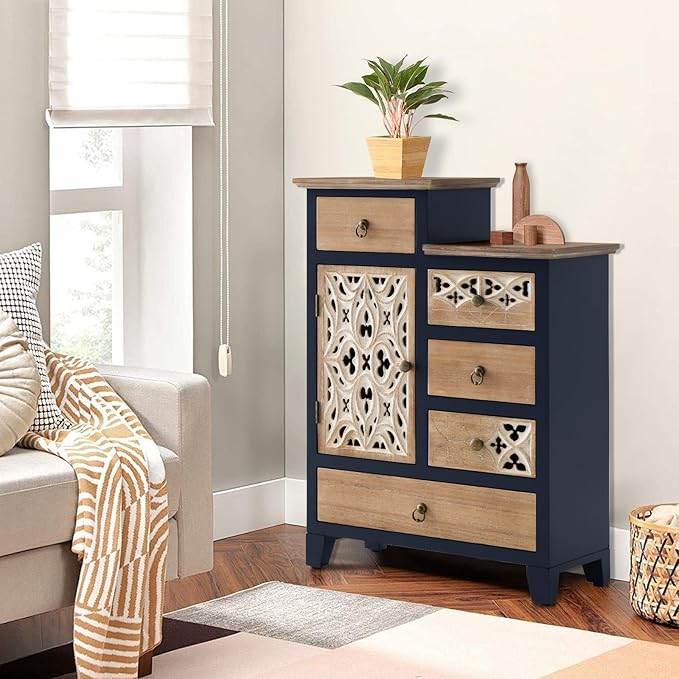 Farmhouse Accent Chest with Carved Door and 5-Drawers, Vintage Storage Cabinet Modern Dresser for Living Room, Entryway, Hallway, Multi-Drawer Organizer, Natural and Deep Blue