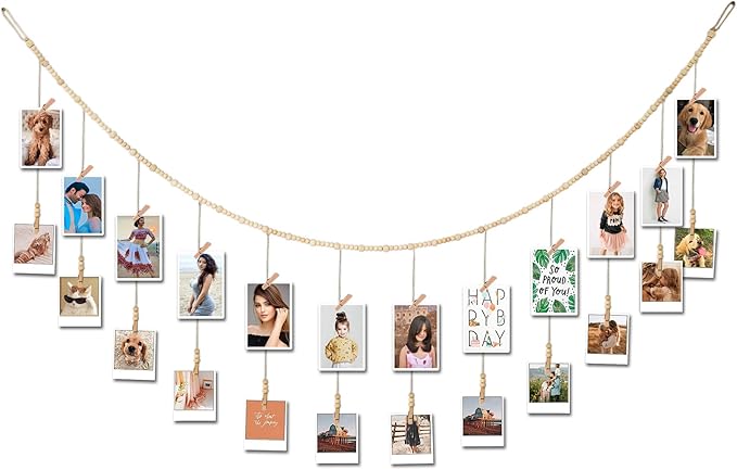 6 Feet Wooden Beads Garland with Clothespins Picture Cards Holder - Country Farmhouse Christmas Nursery Boho Holiday Decorations with Clips