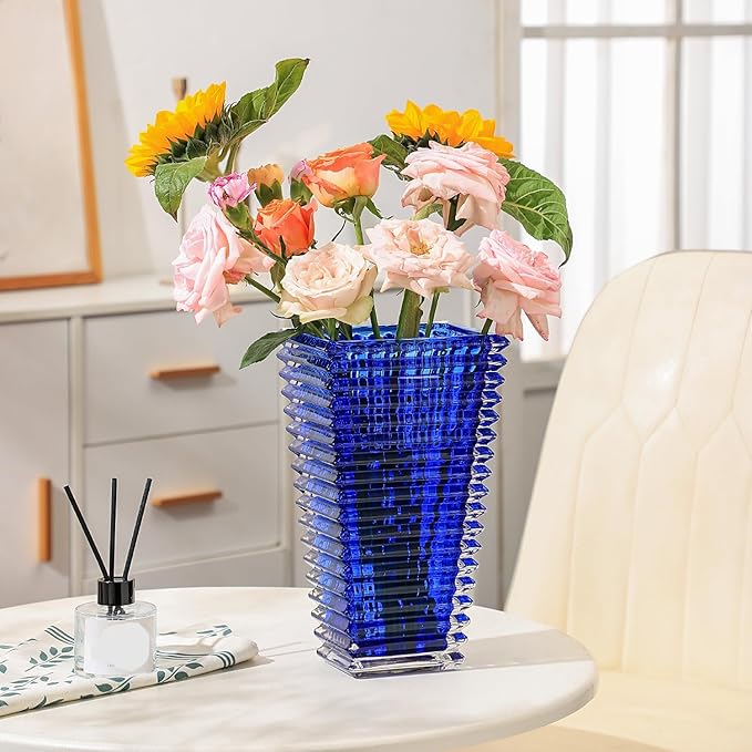 MCMCNCUIU Crystal Glass Vase, Large Crystal Vases for Flowers, Large Flower Vase, Blue Modern Vases for Living Room, Bedroom, Kitchen, Dining Table, Mantle, Wedding, 11 Inches