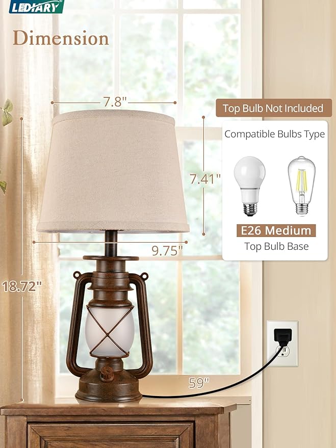 LEDIARY 18.72" LED Vintage Lantern Flickering Flame Table Lamps for Bedrooms Set of 2, Small Farmhouse Rustic Vintage End Table Lamps, Halloween Decorative Lantern Bedside Lamps for Living Room