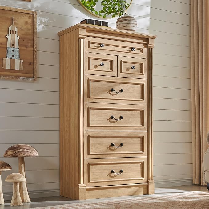 Farmhouse 7 Drawers Dresser for Bedroom, 57" Tall Large Dressers & Chests of Drawers w/Roman Column, Storage Dressers Organizer for Bedroom, Hallway, Living Room, Natrual