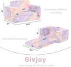 Toddler Chair Kids Couch, 2-in-1 Toddler Soft Sherpa Couch Fold Out Armchair with Removable Cover, Convertible Reading Chair Toddler Sofa for Kids, Glow in The Dark Purple Horse