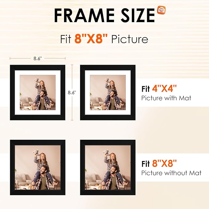 FIXSMITH 8x8 Picture Frames Set of 4, Photo Frame with HD Plexiglass, Display Pictures 6x6 with Mat or 8x8 Without Mat Multi Picture Frames Collage for Tabletop or Wall Display, Black