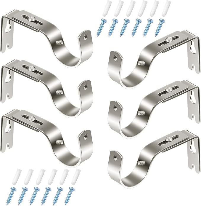 6 Pieces Curtain Rod Brackets General Adjustable Curtain Rod Holder Wall Bracket Hooks Outside Mounted Blinds Curtain Rod Bracket with Screws for 1 Inch Diameter Curtain Rod (Antique Silver)