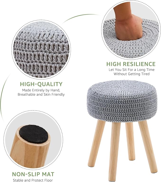 Wimarsbon Pouf Ottoman, 100% Cotton Knitted Boho Footstool, Round Footrest with Non-Skid Wood Legs, Home Décor Handmade Pouffe, Leisure Floor Step Stool for Living Room (Long Leg - Gery)