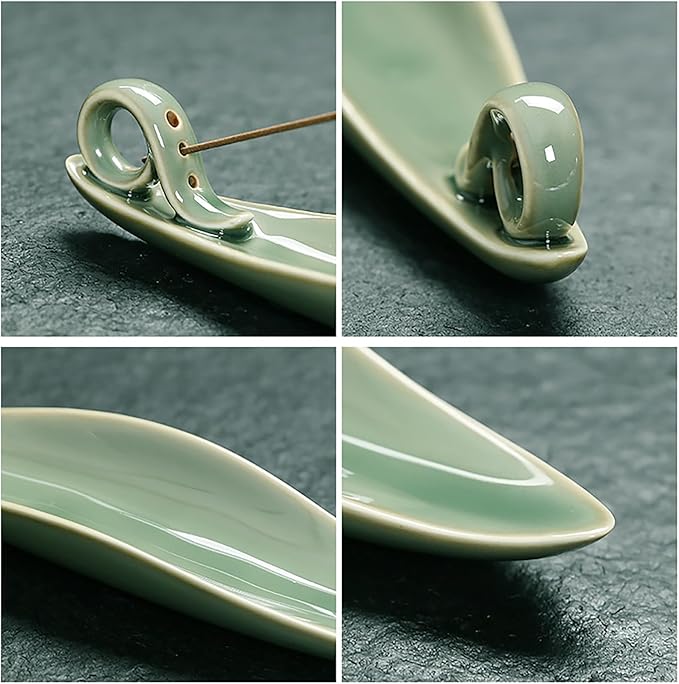 9" Length Incense Stick Holder with 3 Holes, White Porcelain Incense Tray Ash Cather for Spa, Meditation Room, Yoga, Home, Office (Green)