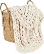 Esterra Chunky Knit Blanket Throw, 100% Handmade Chenille Throw Blanket 40"x50", Soft Thick Yarn Cable Knit Crochet Throw Blanket Rope Knot Throw for Couch Bed Sofa, Apricot White