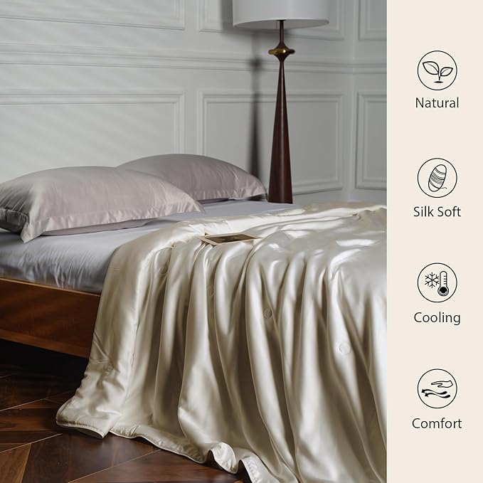EP Mode Mulberry Silk Filled Quilt with 100% Viscose from Bamboo Fabric, Natural Lightweighted Cooling Comforter (Oatmeal, Twin 68” X 88”)