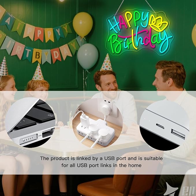 WLHOPE Happy Birthday Neon Sign Dimmable Led Lights for party Wall Decor USB Powered Transparent Acrylic Board Light Signs for club children kids friends gift Decoration16.54 * 11.02 inch