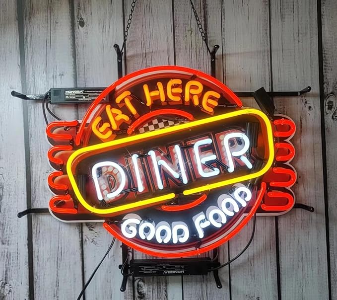 Eat Here Diner Good Food Glass Neon Signs,Neon Signs Beer Bar Club Bedroom for Office Hotel Pub Cafe Neon Light Art Wall Lights 24 X 20 Inches
