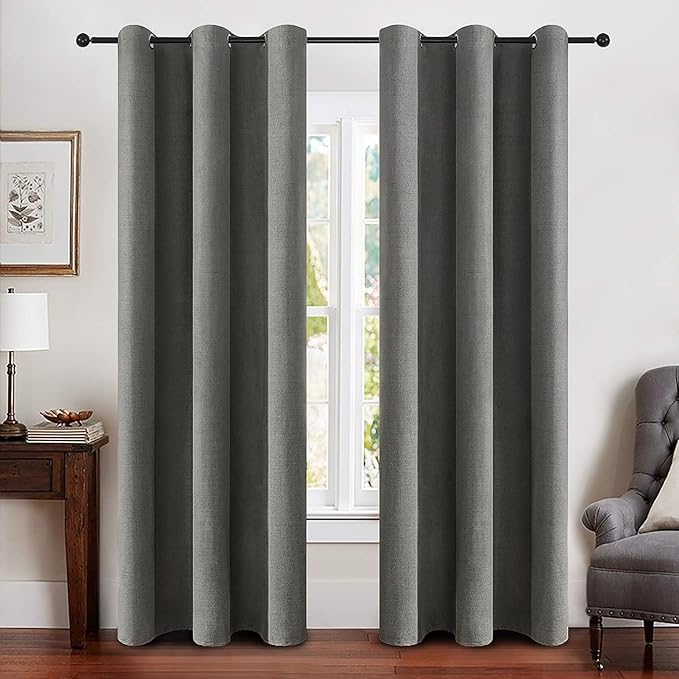 MIULEE Linen Blackout Curtains and Drapes 100% Room Darken Thermal Insulated Grommet Window Panels with Coating 2 PCs W 42 x L 90 inches Dark Grey
