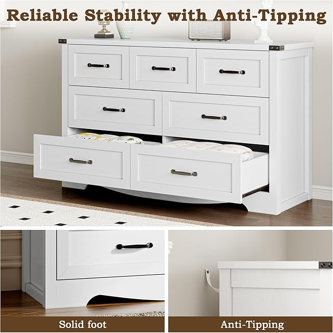 7-Drawer Dresser for Bedroom, Modern Wooden Chest of Drawers with Metal Handles, Anti-Tipping Design, Sturdy and Stable Storage Organizer for Living Room, Entryway, Home Office
