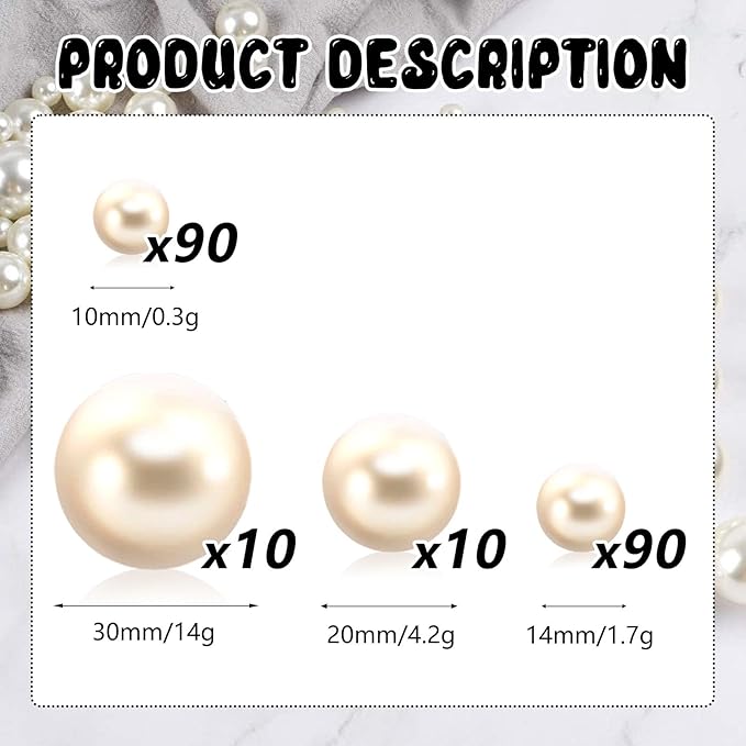 200PCS Milk White Faux Pearls Beads for Centerpiece Vases, Vase Filler Faux Pearls, No Holes Filler Beads for Party Anniversary Birthday Wedding Table Decor, 10/14/20/30mm
