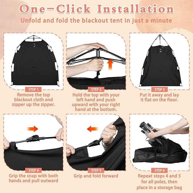 Blackout Tent for Pack and Play - Pack N Play Blackout Cover - 1-Click Setup Portable Sleep Pod with Monitor Pouch & 2 Fan Pouch, Black Out Tent Blocks 95% Light