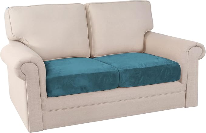 PrinceDeco Velvet Sofa Cushion Covers, Stretch Couch Cushion Covers for Individual Seat Couch Slipcover Sets Furniture Protector for Loveseat Sofa Cushion(Each Width Up to 29.5", Blue)