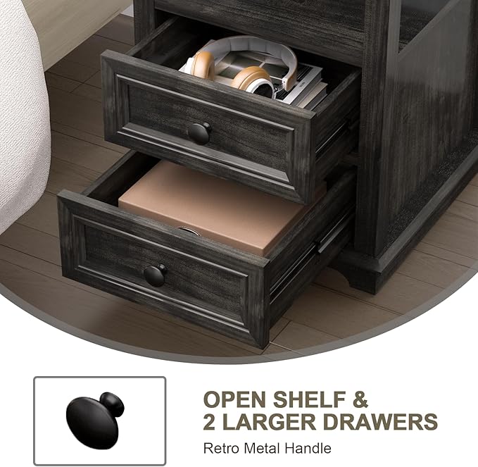 End Table with Fast USB C Charging Station,18" Wide Sofa Side Table with 2 Drawers, Large Storage Rustic Wood Square Storage Cabinet for Living Room, Bedroom, Office, Black