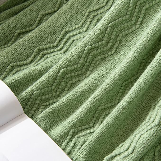 MIULEE Sage Green Knitted Throw Blanket for Couch Textured Spring Knit Blanket with Tassels Cozy Woven Boho Bed Blanket for Sofa Bed Chair Acrylic Wave Pattern 50"x60"