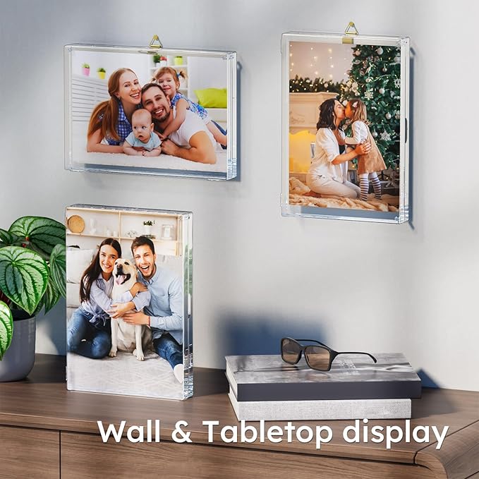 AITEE 4x6 Acrylic Picture Frames 3 Pack: 20% Thicker Block, Clear Picture Frames Freestanding Double Sided Magnetic Acrylic Lucite Frameless Transparent Square Photo Frame Gift for Wall and Desktop Display