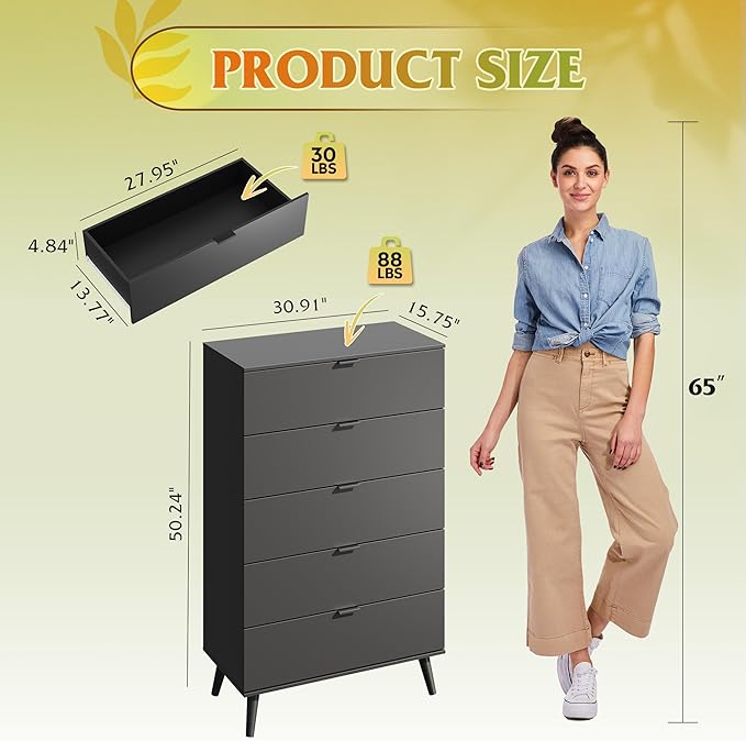 WLIVE 5 Drawer Dresser for Bedroom, Tall Wood Dresser, Black Dressers Storage Organizer with Sturdy Metal Handle, Chest of Drawers for Living Room, Hallway, Closet