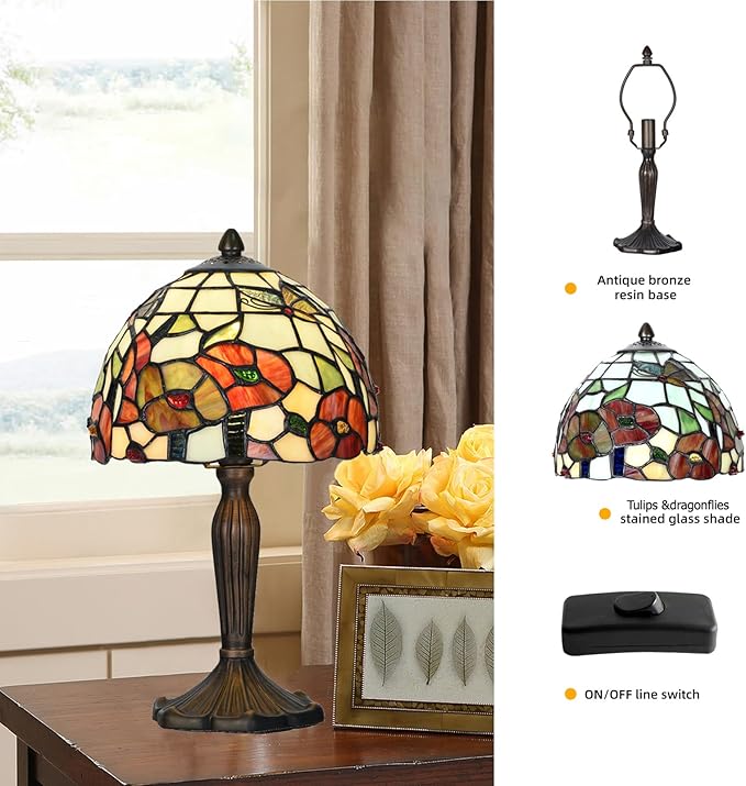 TL0029 Tiffany Style Table Lamp Stained Glass Floral Shade with Bronze Base Vintage Art Deco Desk Light for Bedroom Living Room Decor (Blossom)